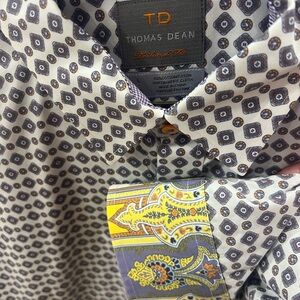 Thomas Dean White and Navy Geometric Shirt with Yellow Accent